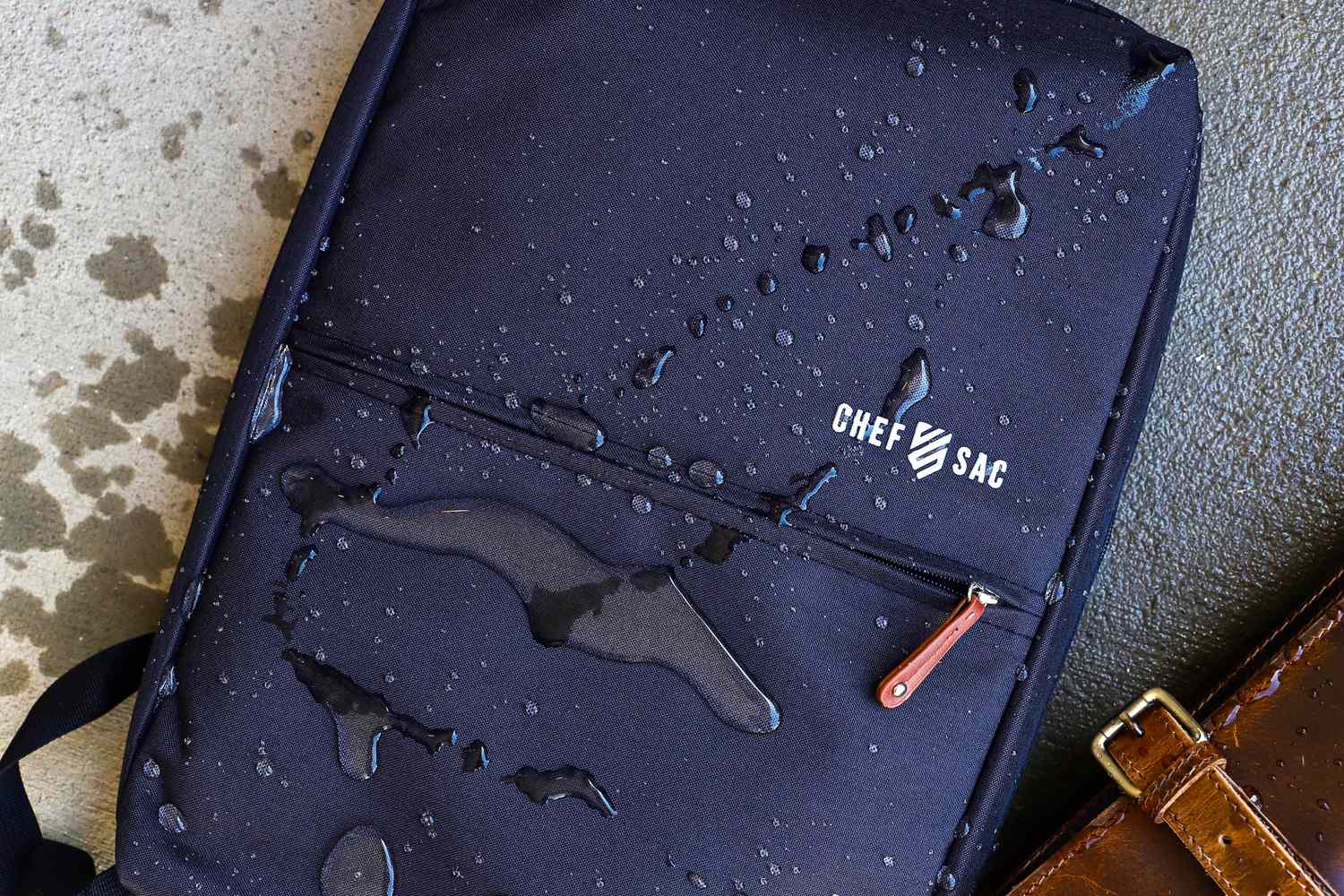 Water droplets on a Chef Sac bag showing its waterresistant material