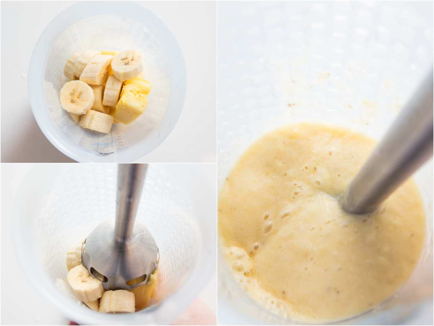 Immersion blender puréeing banana and pineapple for hummingbird cake.