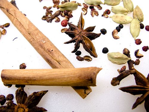 Cinnamon sticks, star anise, cardamom, and peppercorns for pho broth
