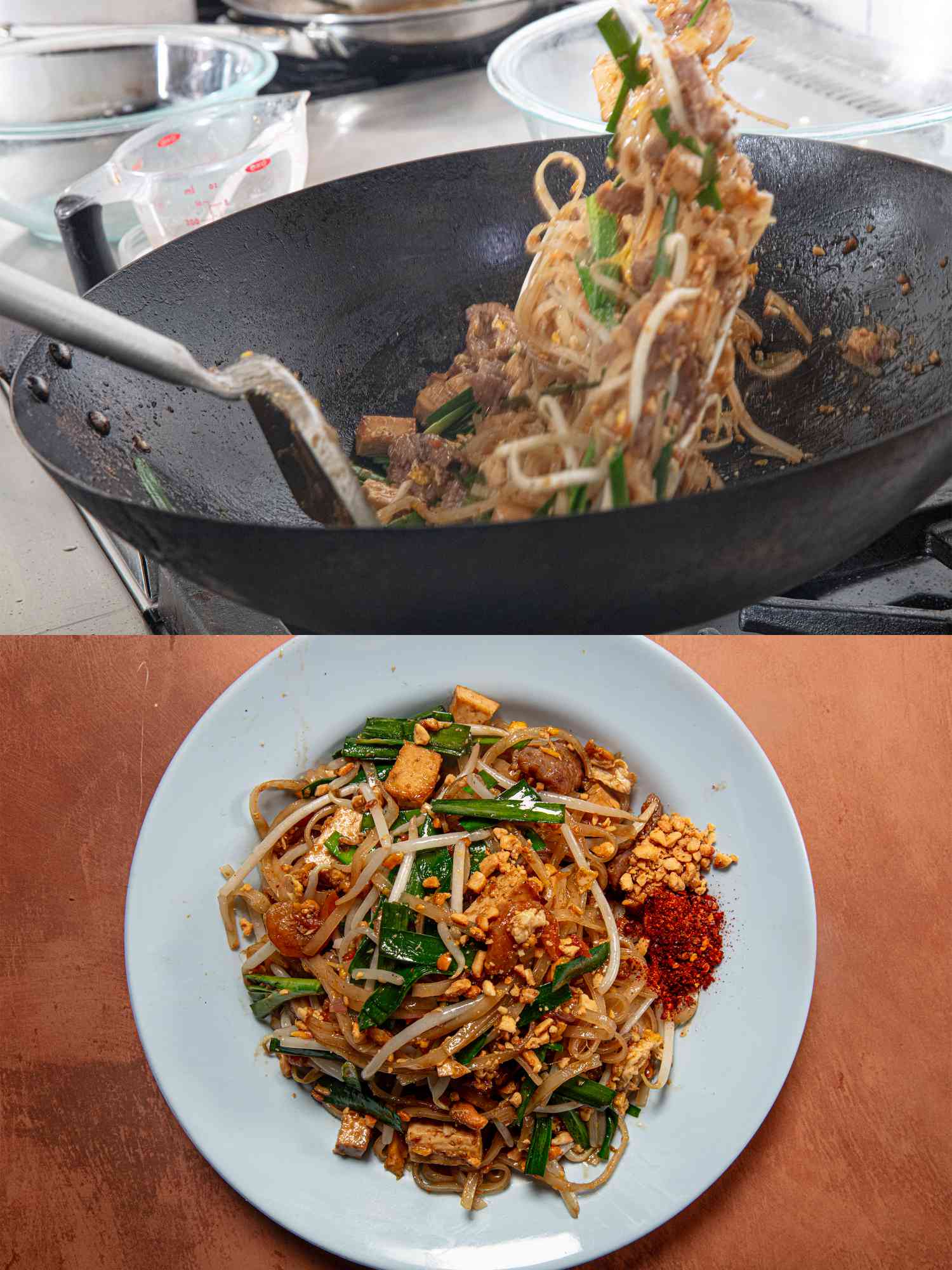 Two image collage of finishing pad thai