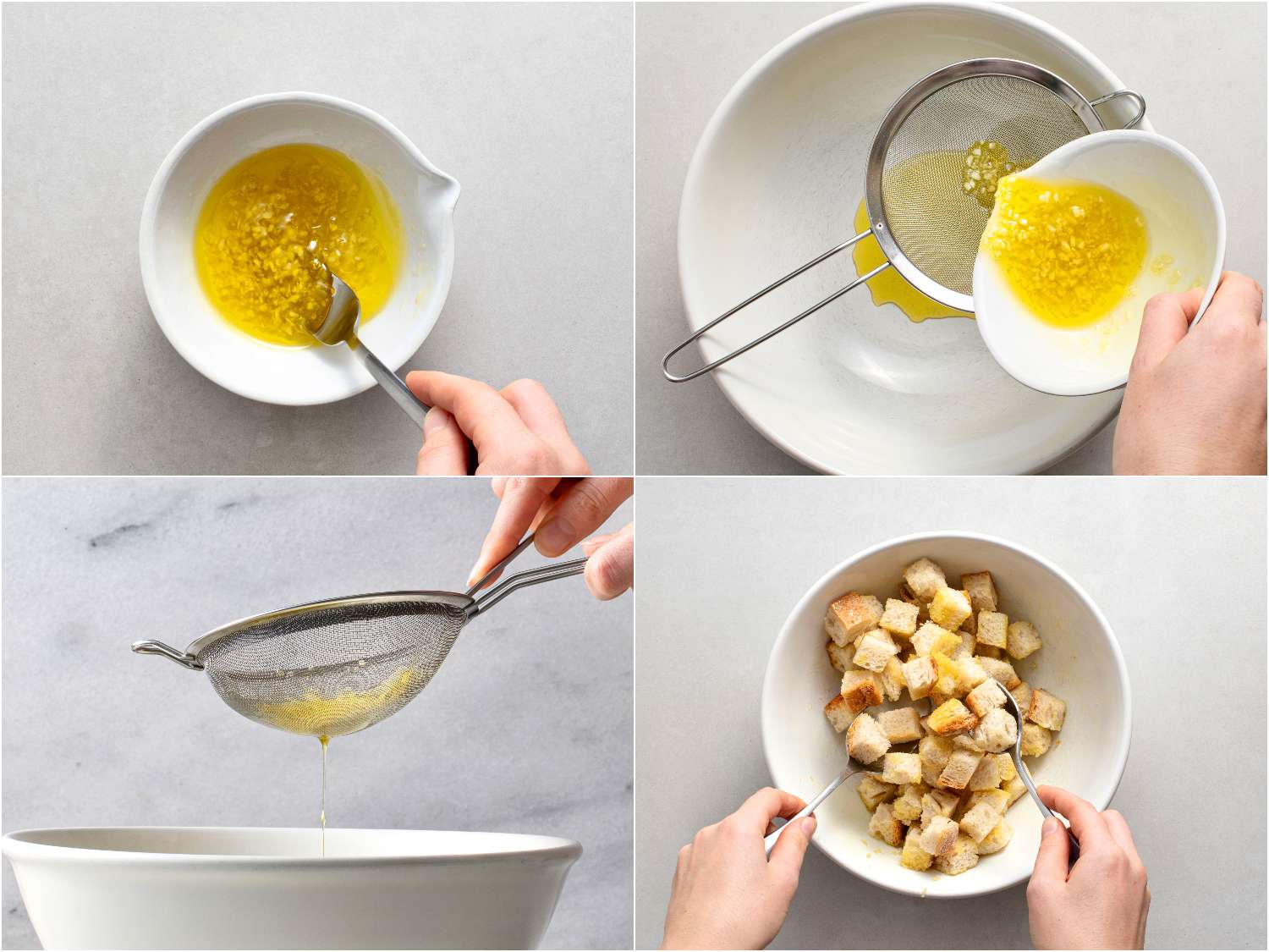 A collage showing chopped garlic being steeped in olive oil, strained, and then added to cubes of brad.
