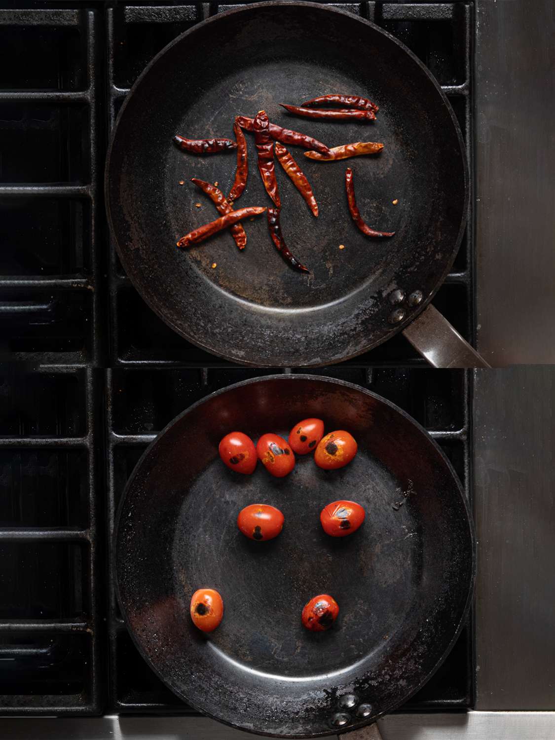 Two Image Collage. Top: Chiles being tossed in a pan. Bottom: tomatoes being tossed in a pan. 