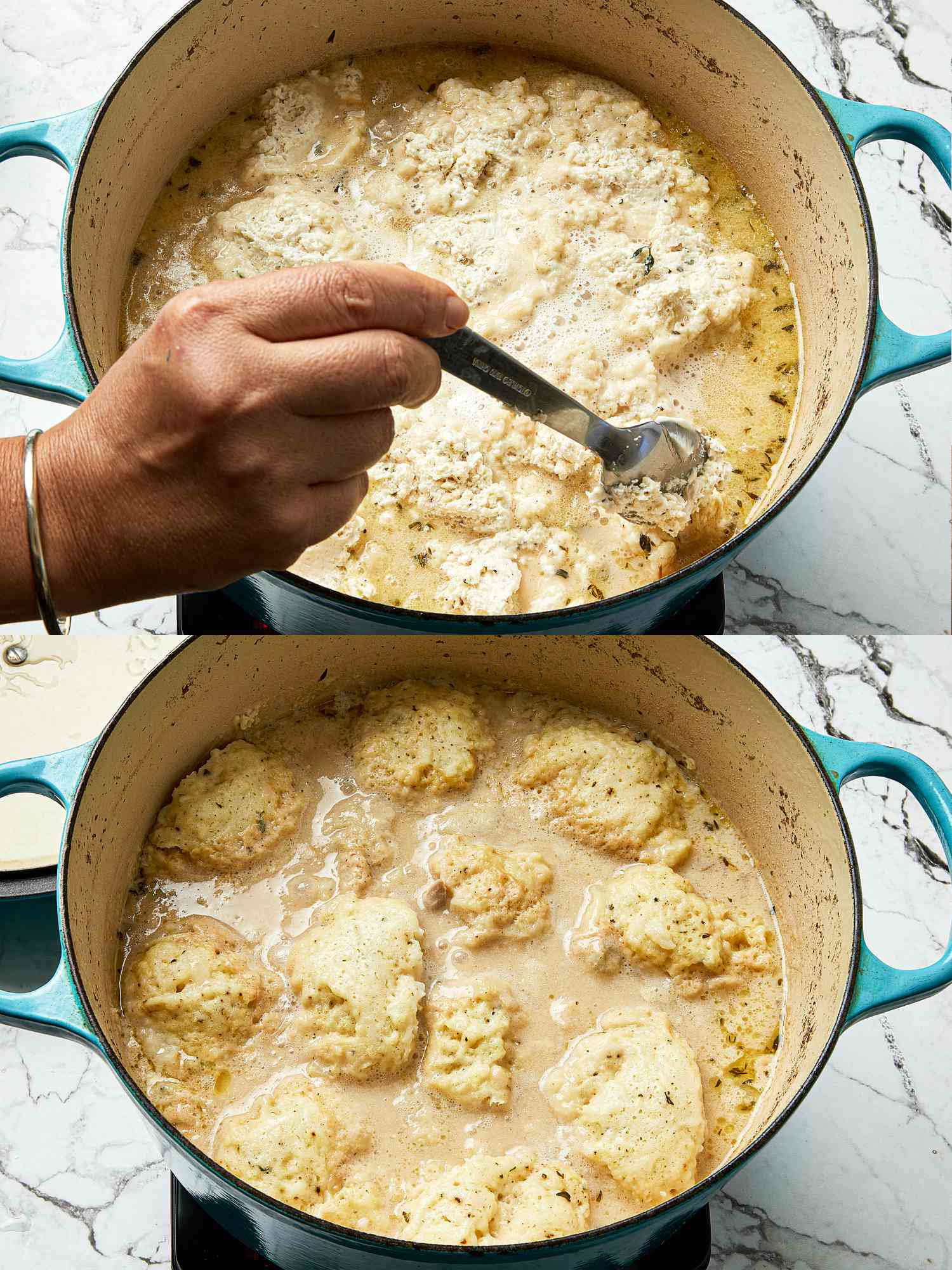 2 image collage. Top: Gently dropping dumpling mixture into simmering pot of soup with a spoon. Bottom: Soup and dumplings after fully cooked through in dutch oven