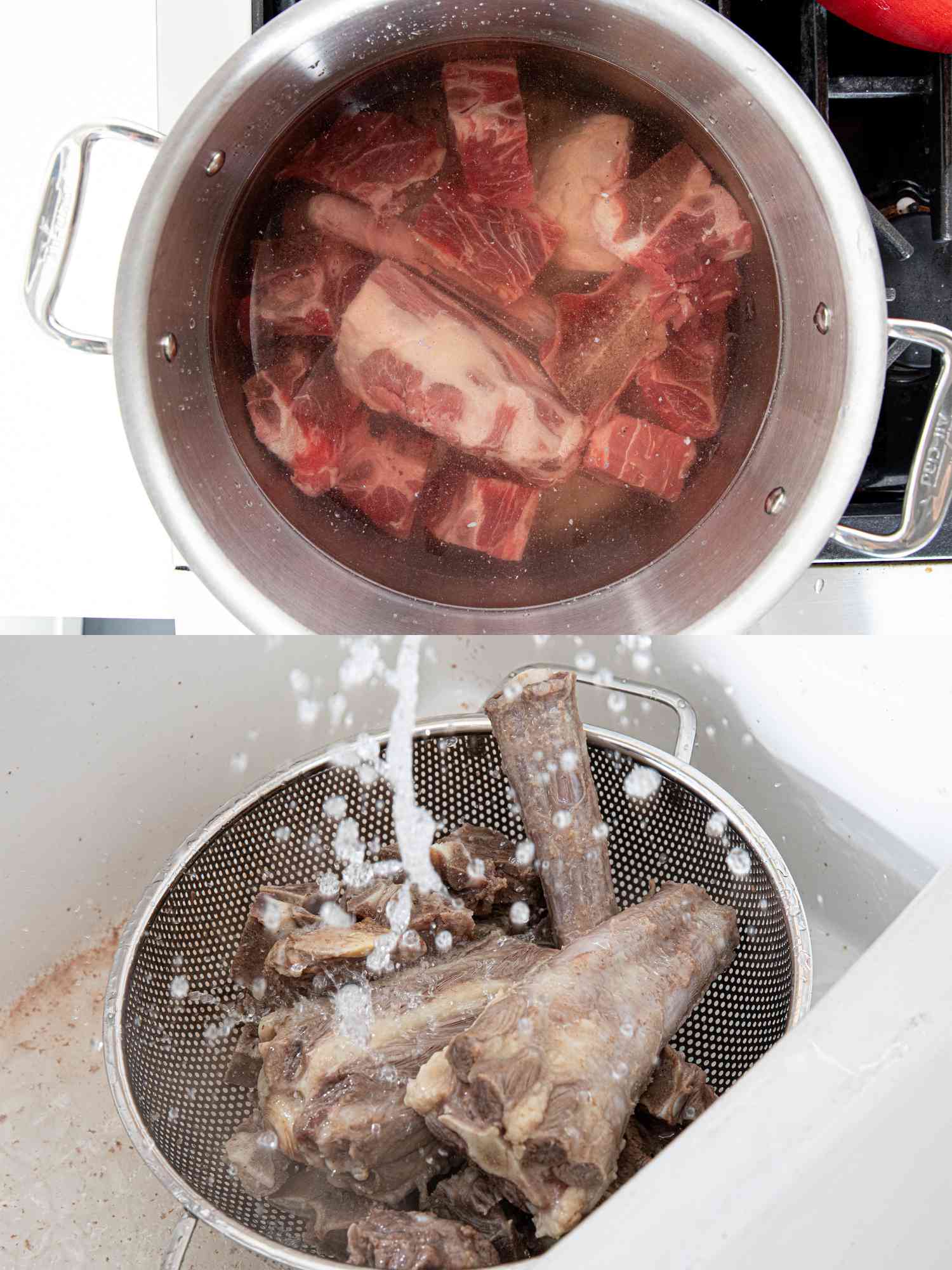 Two image collage of meat bones cooking and being washed 