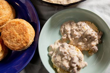 Overhead view of biscuits and gravy