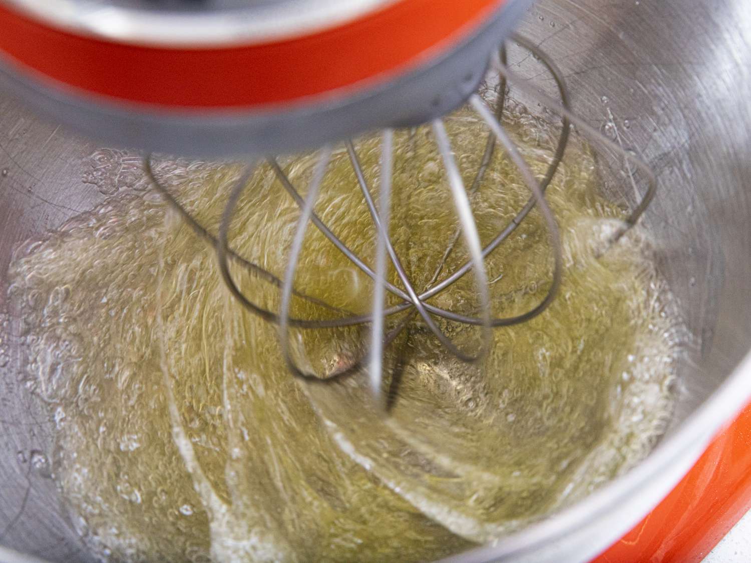 View inside mixing bowl that whipping egg whites