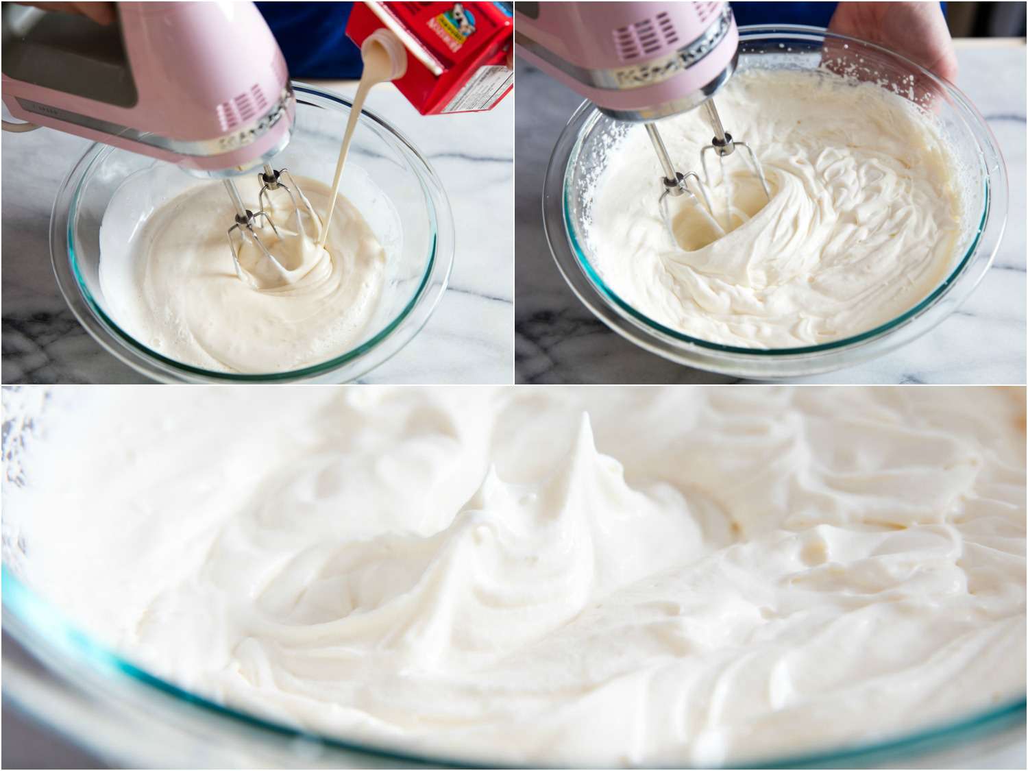 A collage: adding cream to sugar syrup/milk mixture and whipping until the cream forms peaks. 