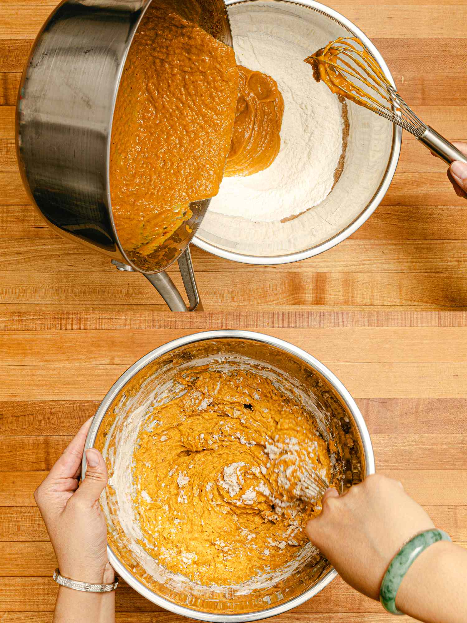 Pumpkin batter being mixed into a bowl of flour on a wooden counter