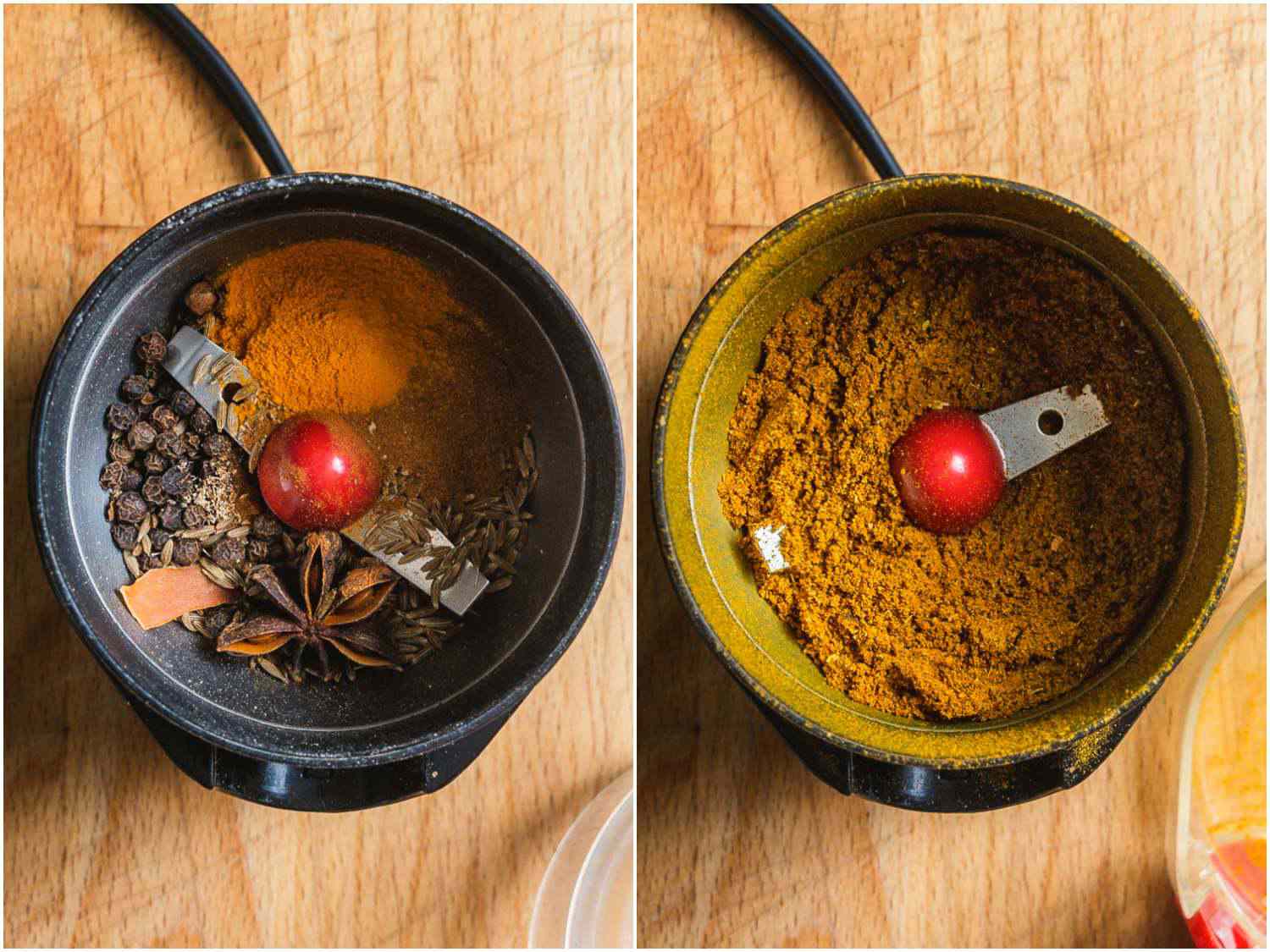 Collage of grinding spices in a spice grinder