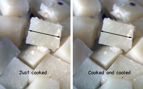 side by side comparison of potato cubes just cooked and cooked and cooled