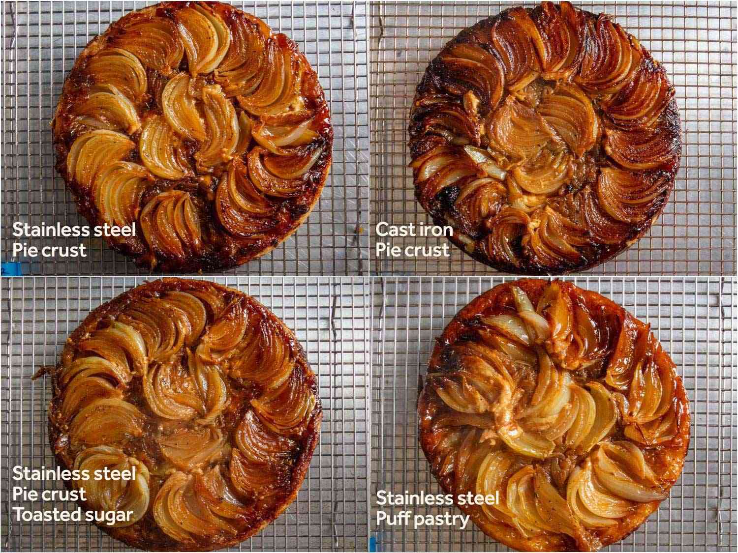 Photo collage of four finished tarte tatins. Top left: stainless steel skillet, pie crust. Top right: cast iron skillet, pie crust (this one has the deepest and most even caramelization). Bottom left: stainless steel skillet, pie crust, and used toasted sugar. Bottom right: stainless steel skillet, puff pastry crust.