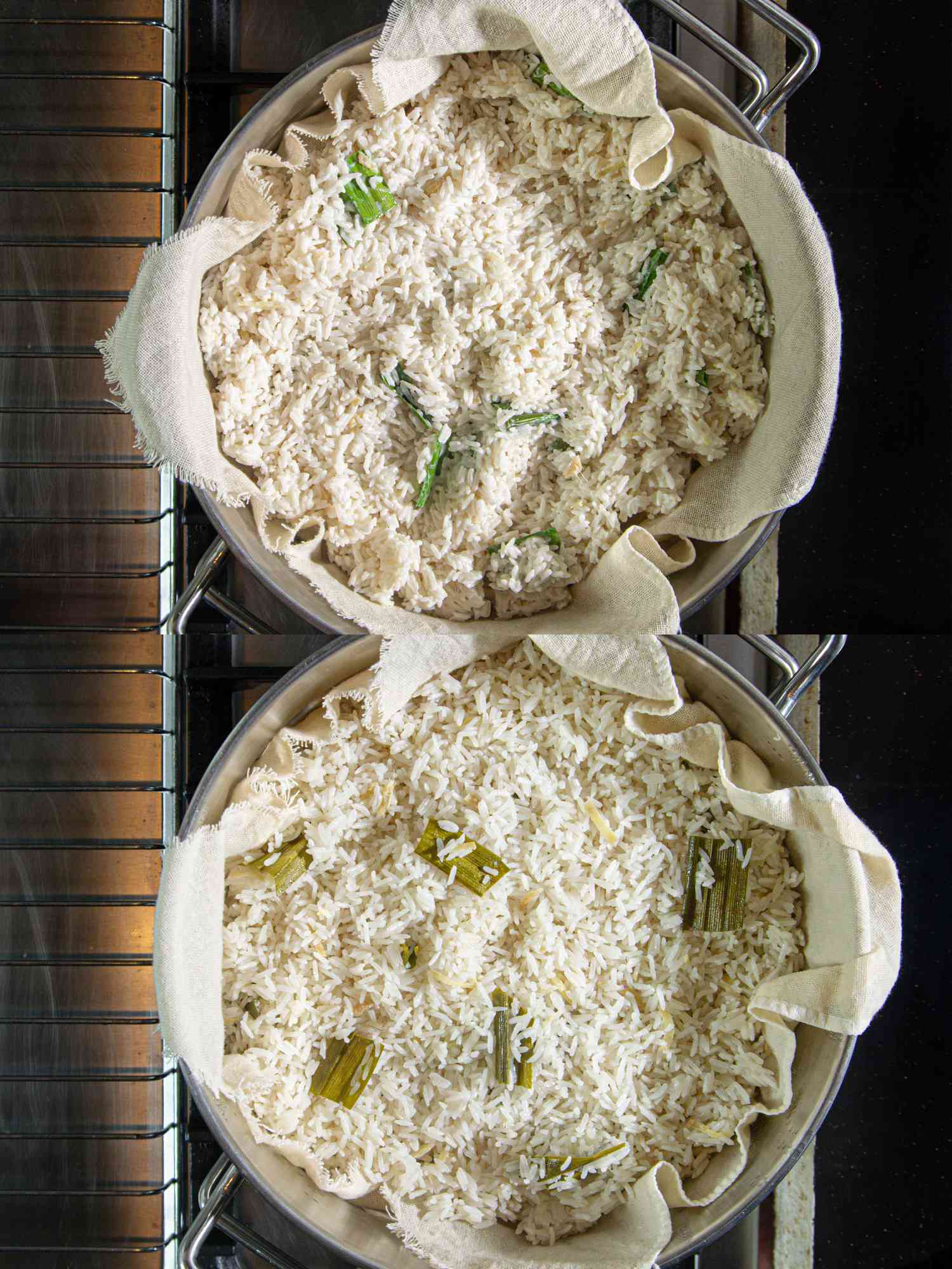 Overhead view of rice in steamer before and after cooking