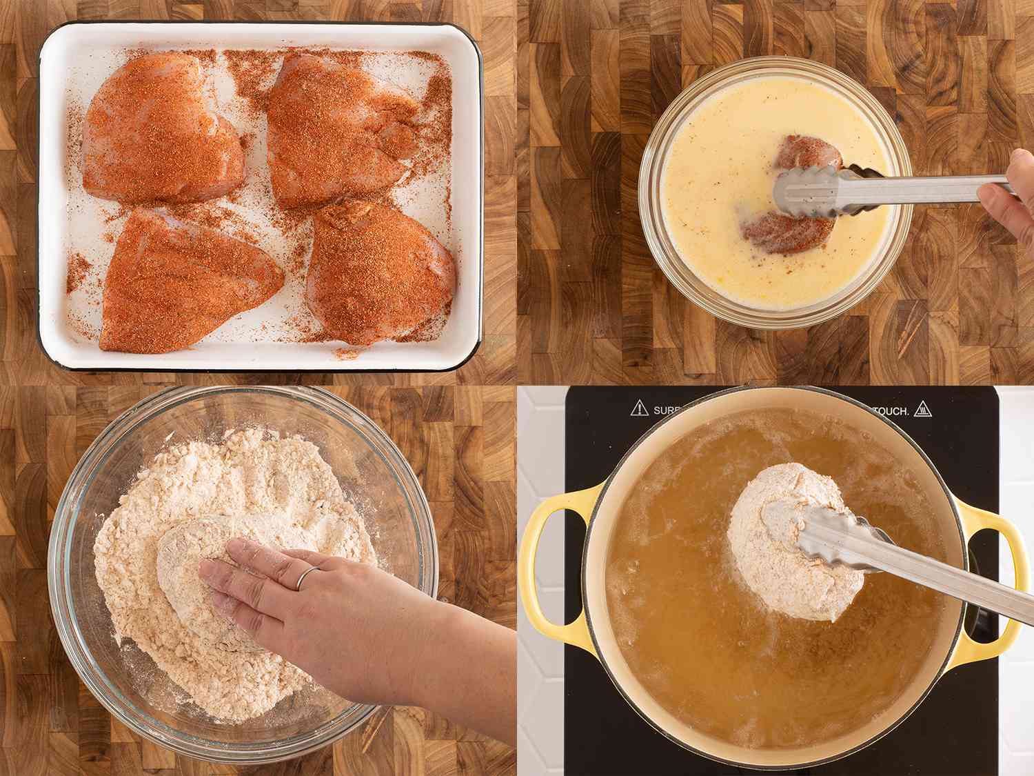 A four-image collage showing the chicken breasts being seasoned with spices, dipped in egg wash, coated in flour, and added to hot oil.