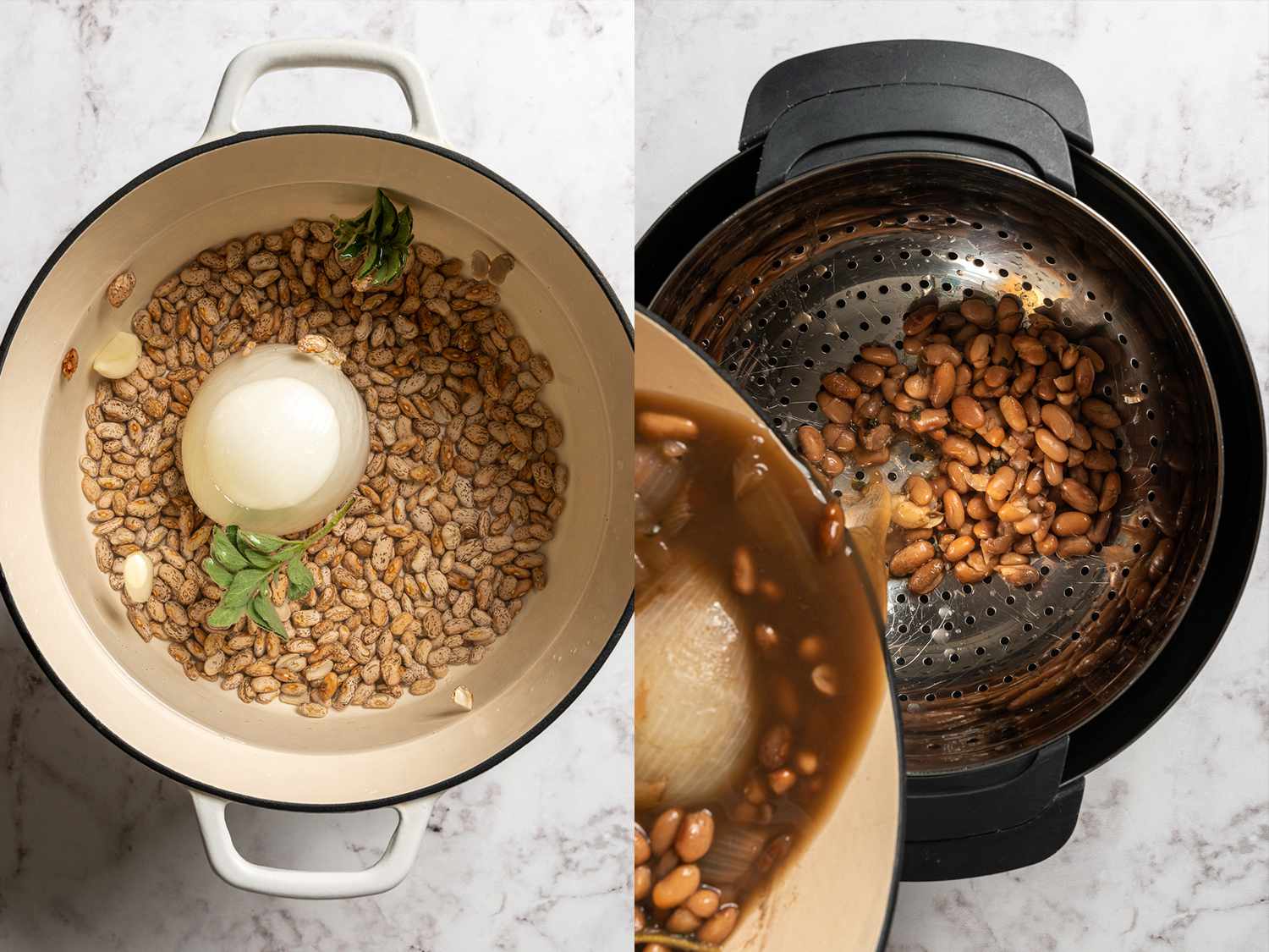 Beans, onion, and herbs in a large pot of water, then drained