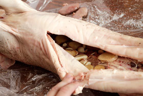 Stuffing a suckling pig with aromatics. 