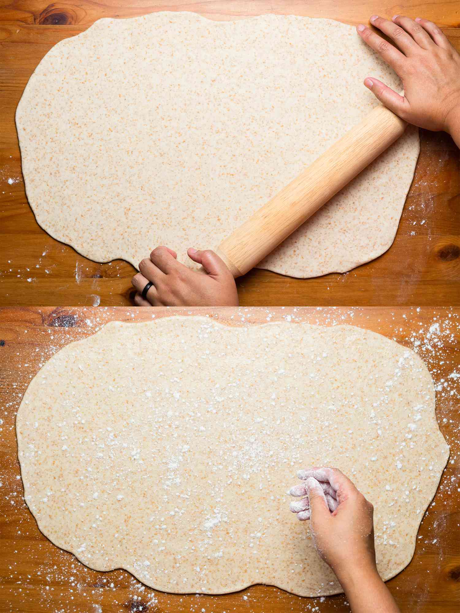 Two image collage of rolling out chapati dough