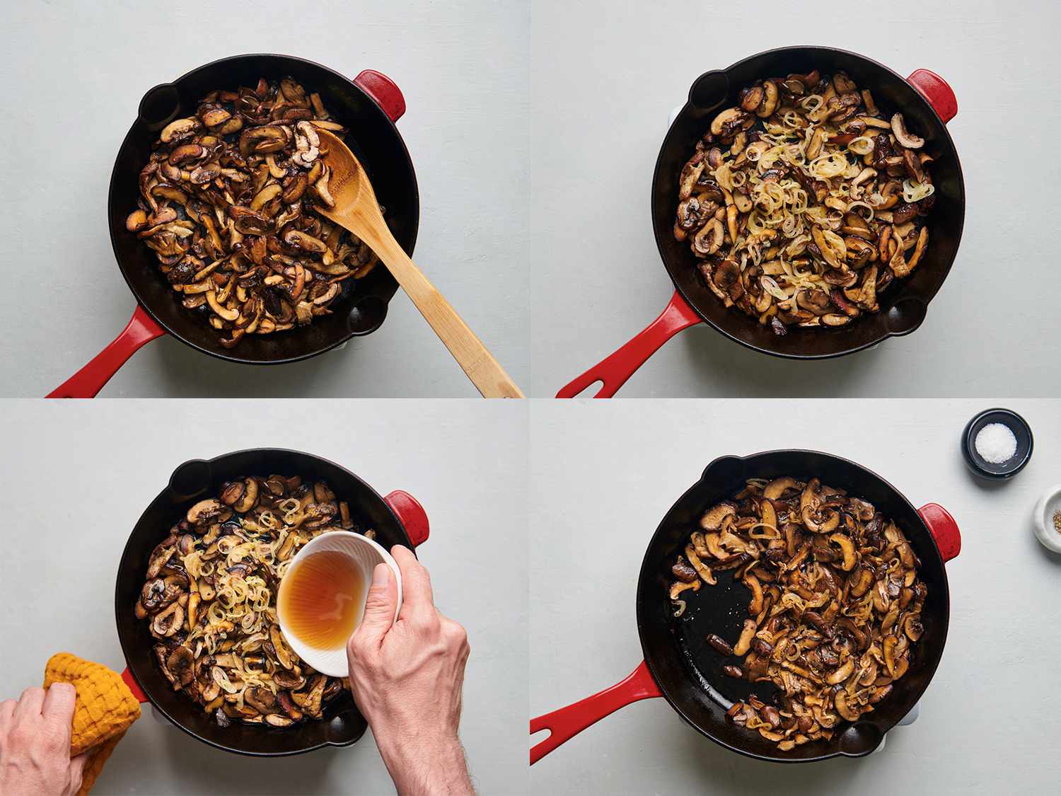 A four-image collage. The top-left image shows the browned mushrooms inside of a skillet once the liquid has been released from them. The top-right image shows the sliced shallots added to the skillet and softened. The bottom-left image shows sherry being poured into the skillet out of a small white ceramic bowl. The bottom-right image shows the pan of shallots and mushrooms with the sherry almost completely evaporated.