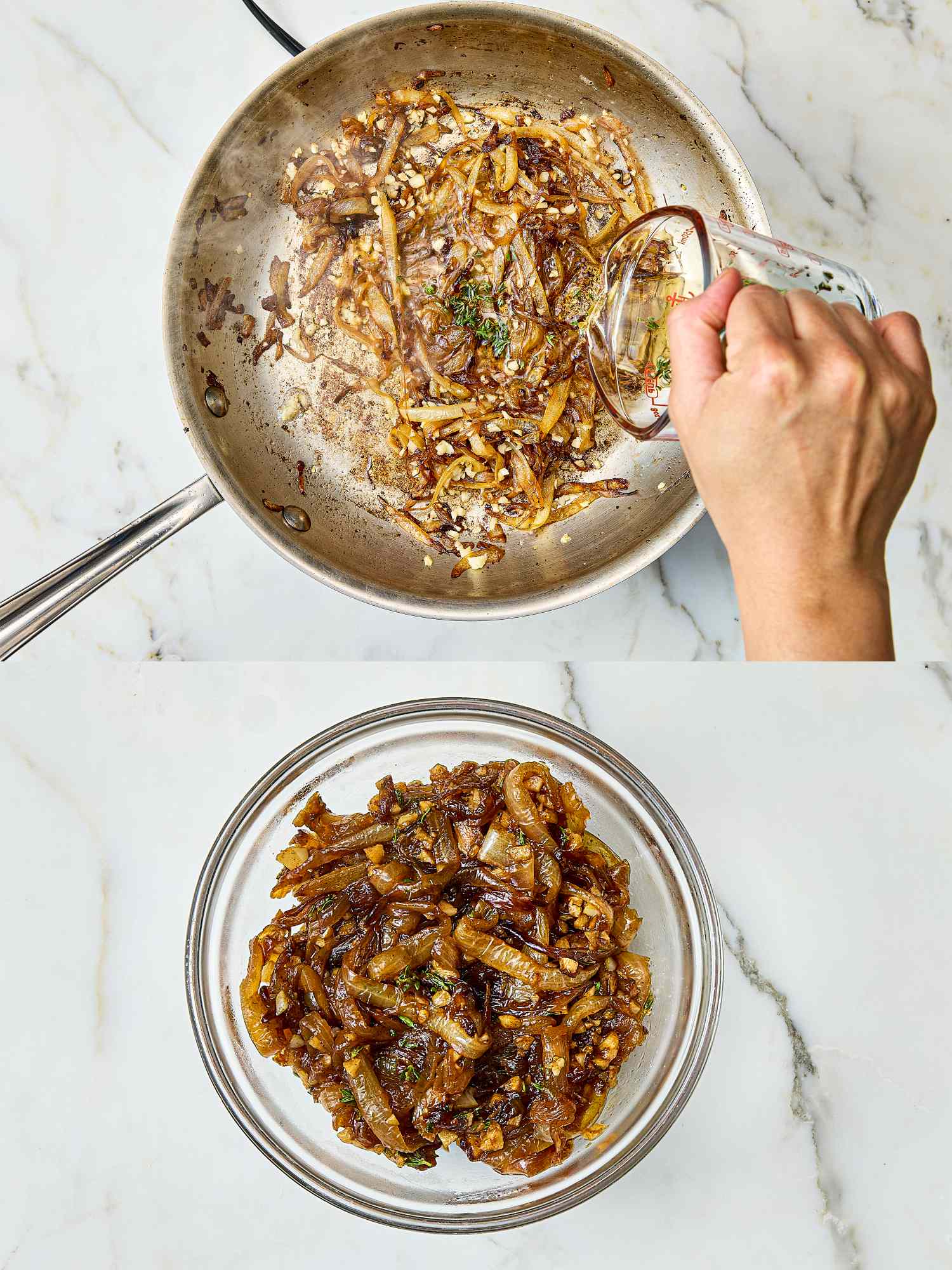Caramelizing onions in a pan and transferring them to a bowl