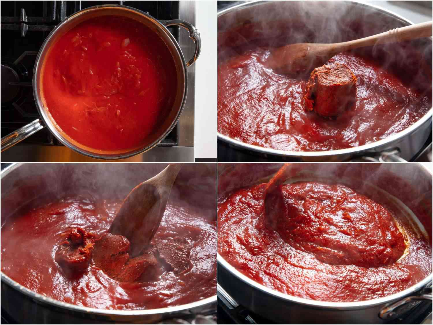 Collage simmering tomato sauce, a block of 'nduja being added to the pot, a wooden spatula breaking up the 'nduja and stirring the sauce until smooth.