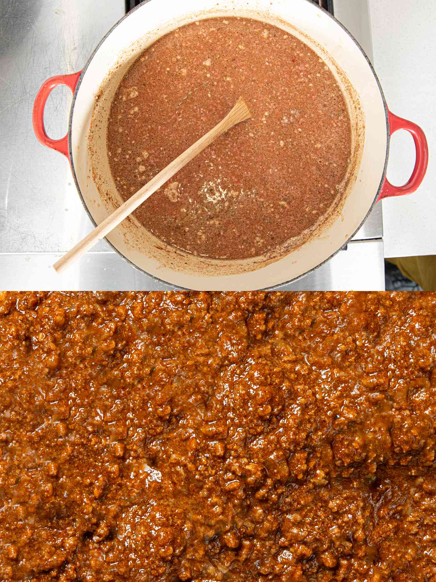 Two image collage of chili before and after being cooked