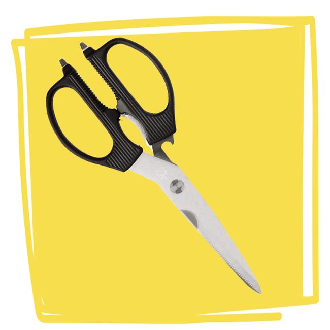 Kitchen shears with black handles and metal blades