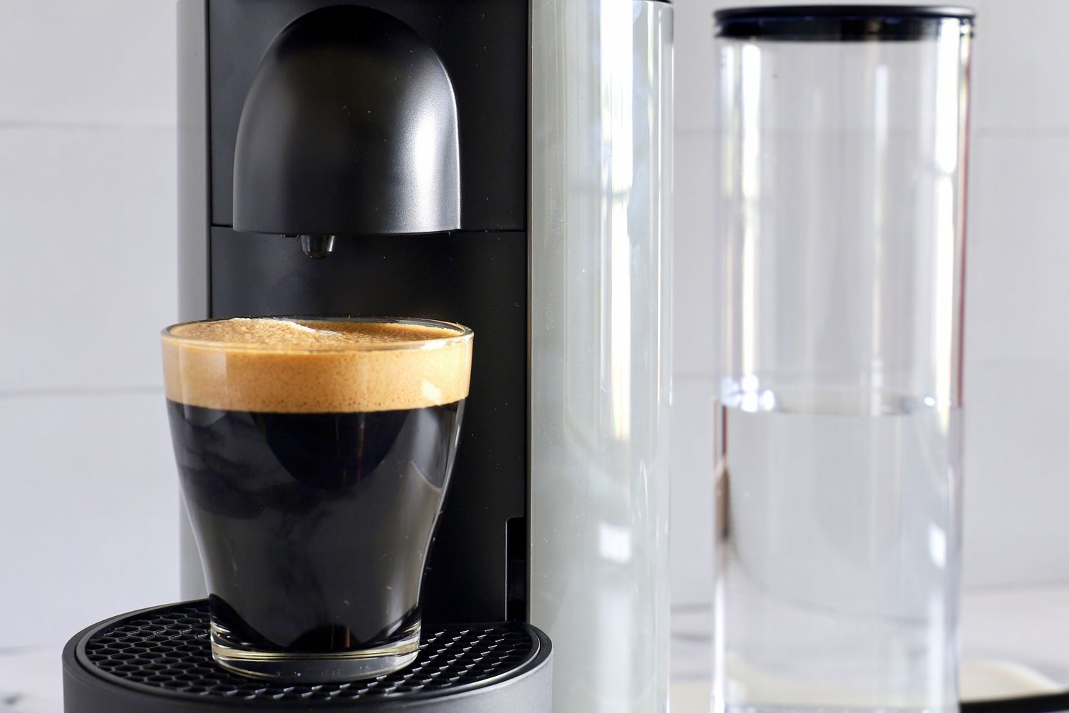 A cup of espresso on the Nespresso VertuoPlus Coffee and Espresso Machine by De'Longhi