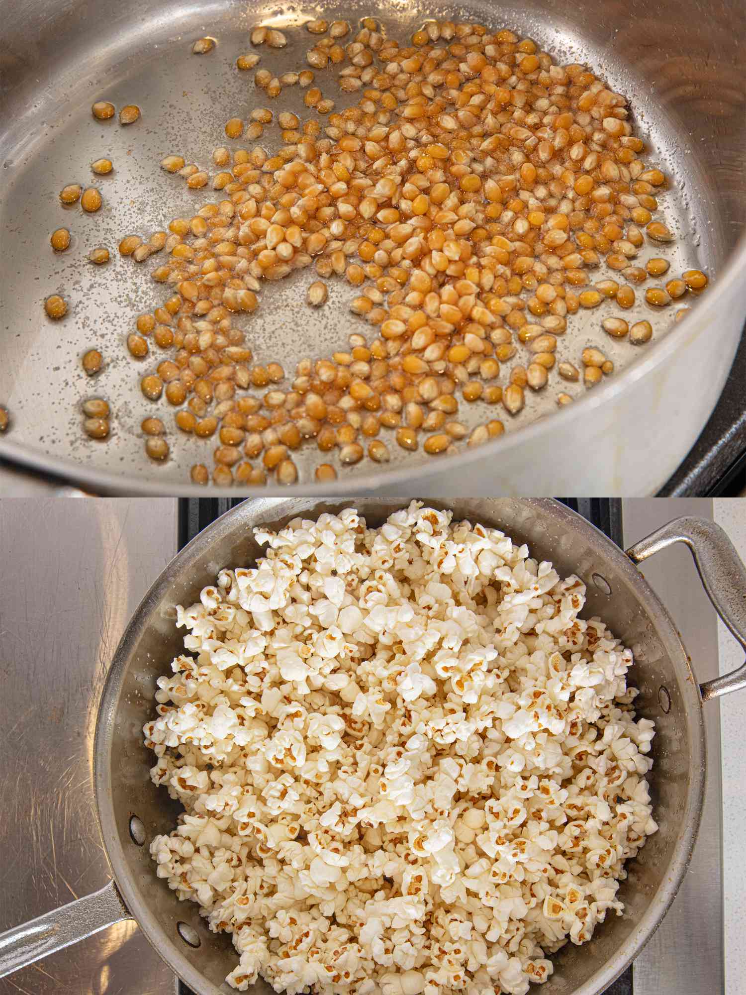 Two image collage of popping popcorn