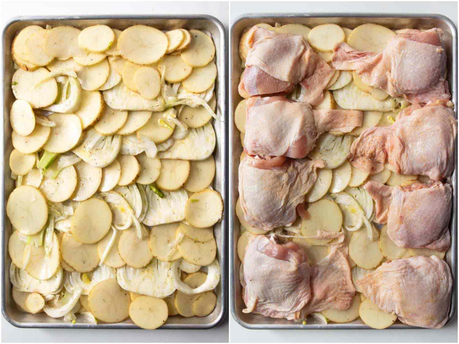 Potatoes and fennel are layered on a sheet pan, then chicken thighs go on top.
