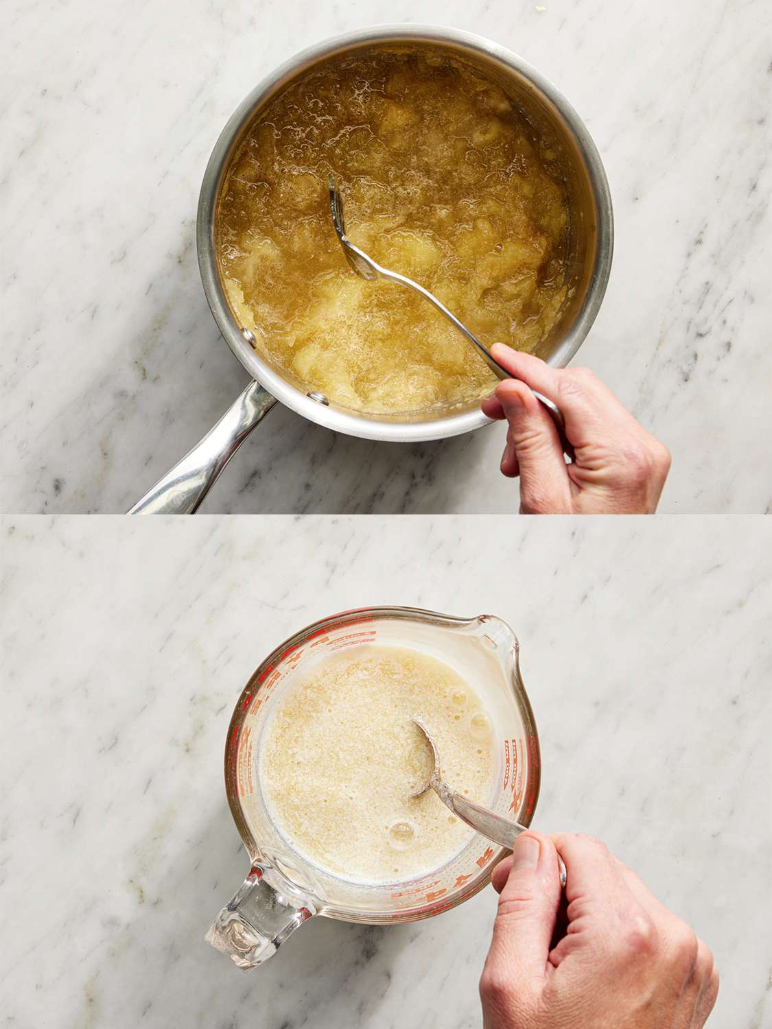 Two Image Collage. Top: a fork mashing apples in a saucepan. Bottom: Mixing apple mixture into mix in a measuring cup