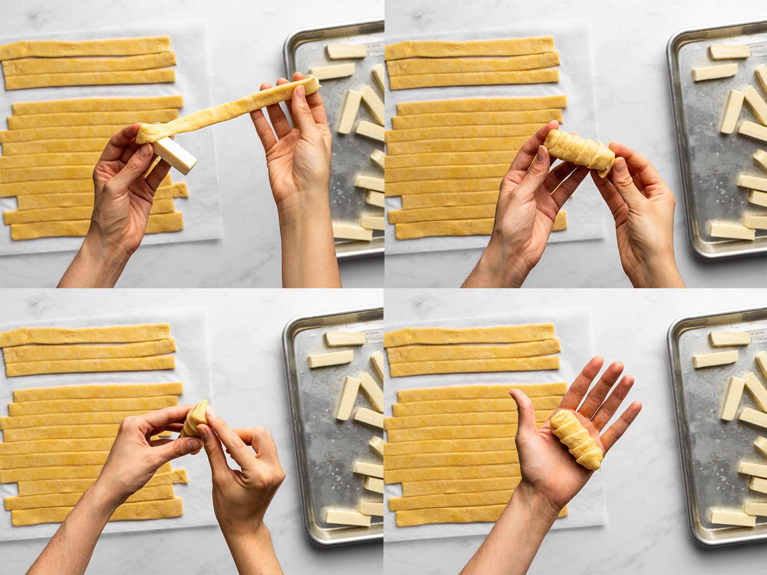 A four-image collage showing a piece of cheese being wrapped in a strip of the cut dough.
