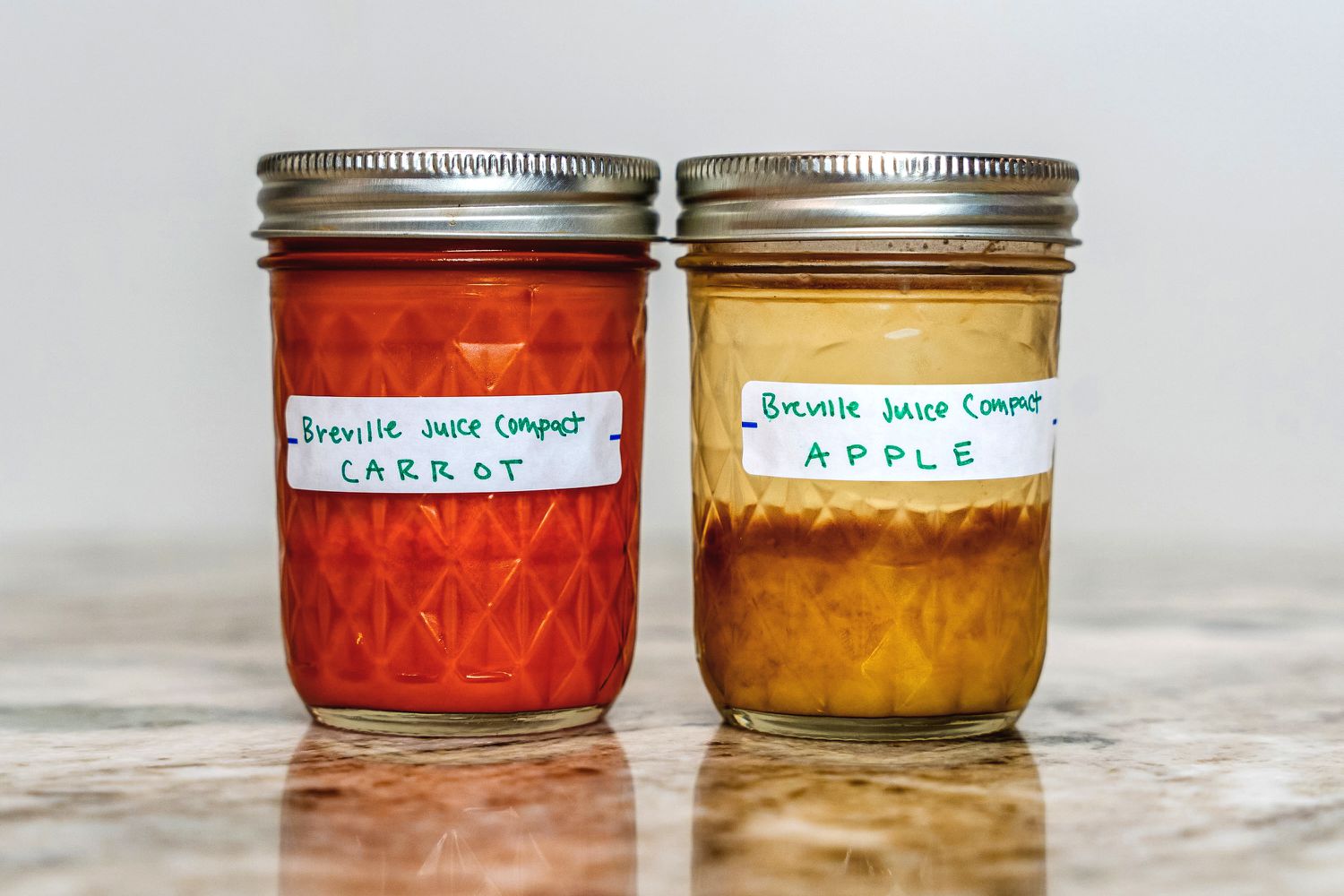 Two jars of juice from the Breville juicer