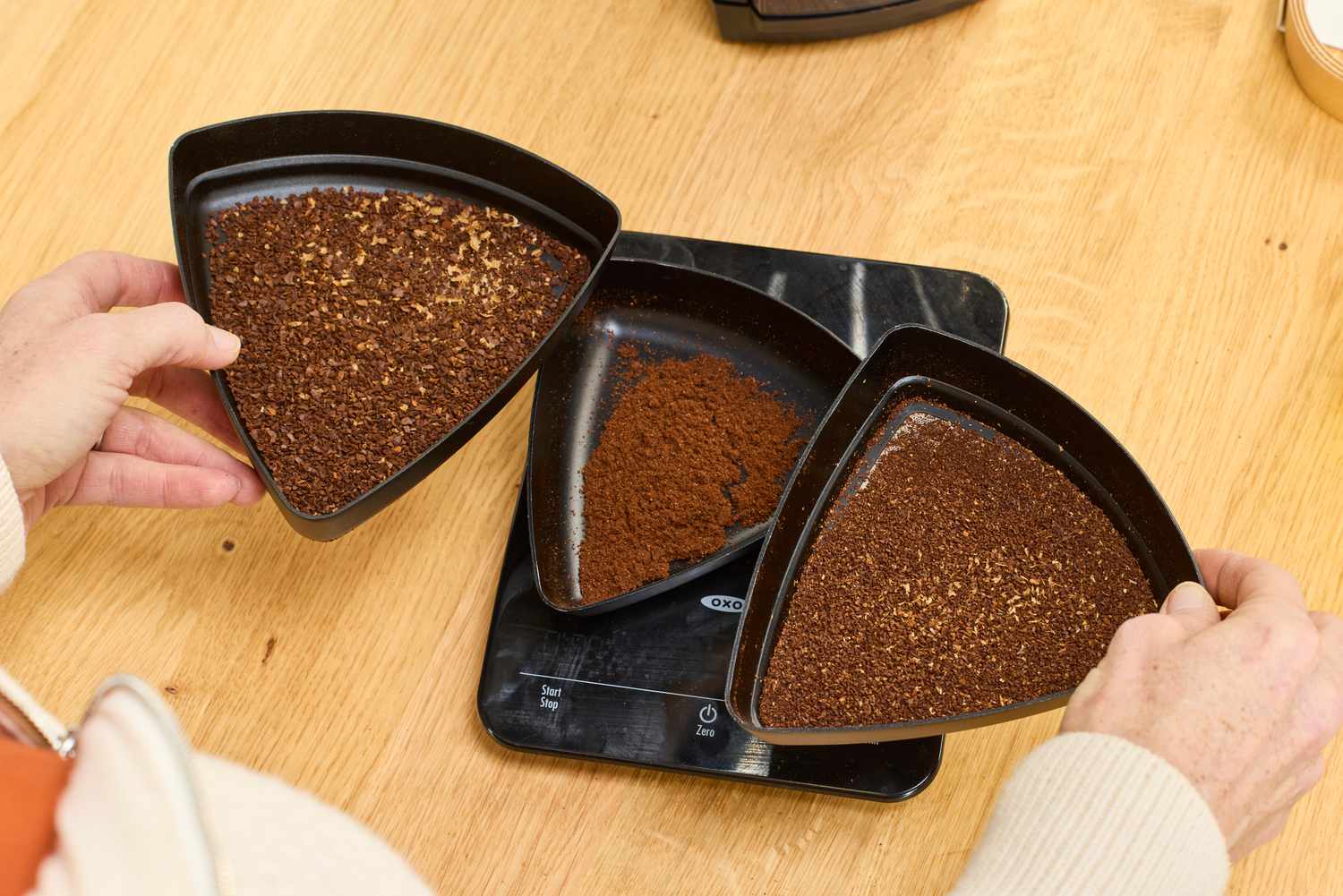 The different settings of ground coffee made in the Baratza ZCG495 Encore ESP Coffee Grinder