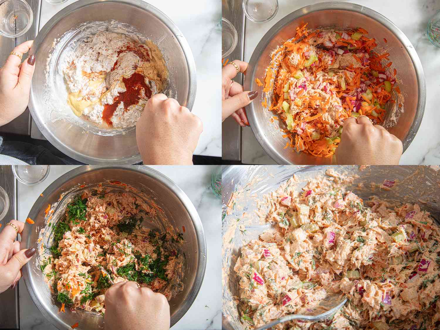 Four image collage of mixing labne tuna salad 