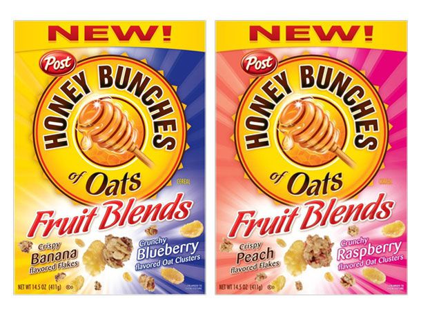 Fruit blend-flavored Honey Bunches of Oats box cover.
