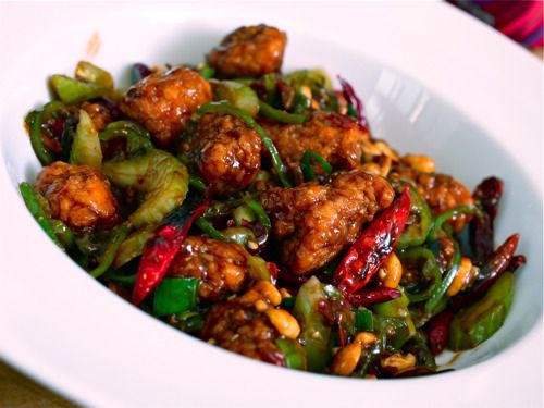 Finished homemade General Tso's chicken made with Popeye's chicken nuggets.