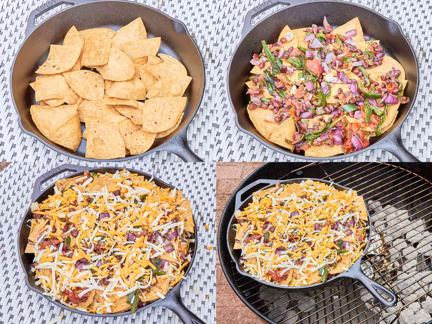 4 image collage. Top left: chips placed in skillet. Top Right: chips in skillet topped with portion of grilled veggies and cheese on top. Bottom left: fully loaded veggie nachos in skillet. Bottom Right: nachos in skillet on grill. 