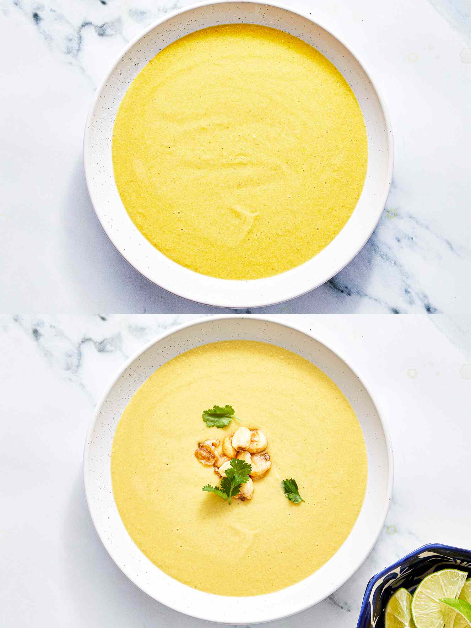 Two bowls of corn soup one plain and one garnished with toppings