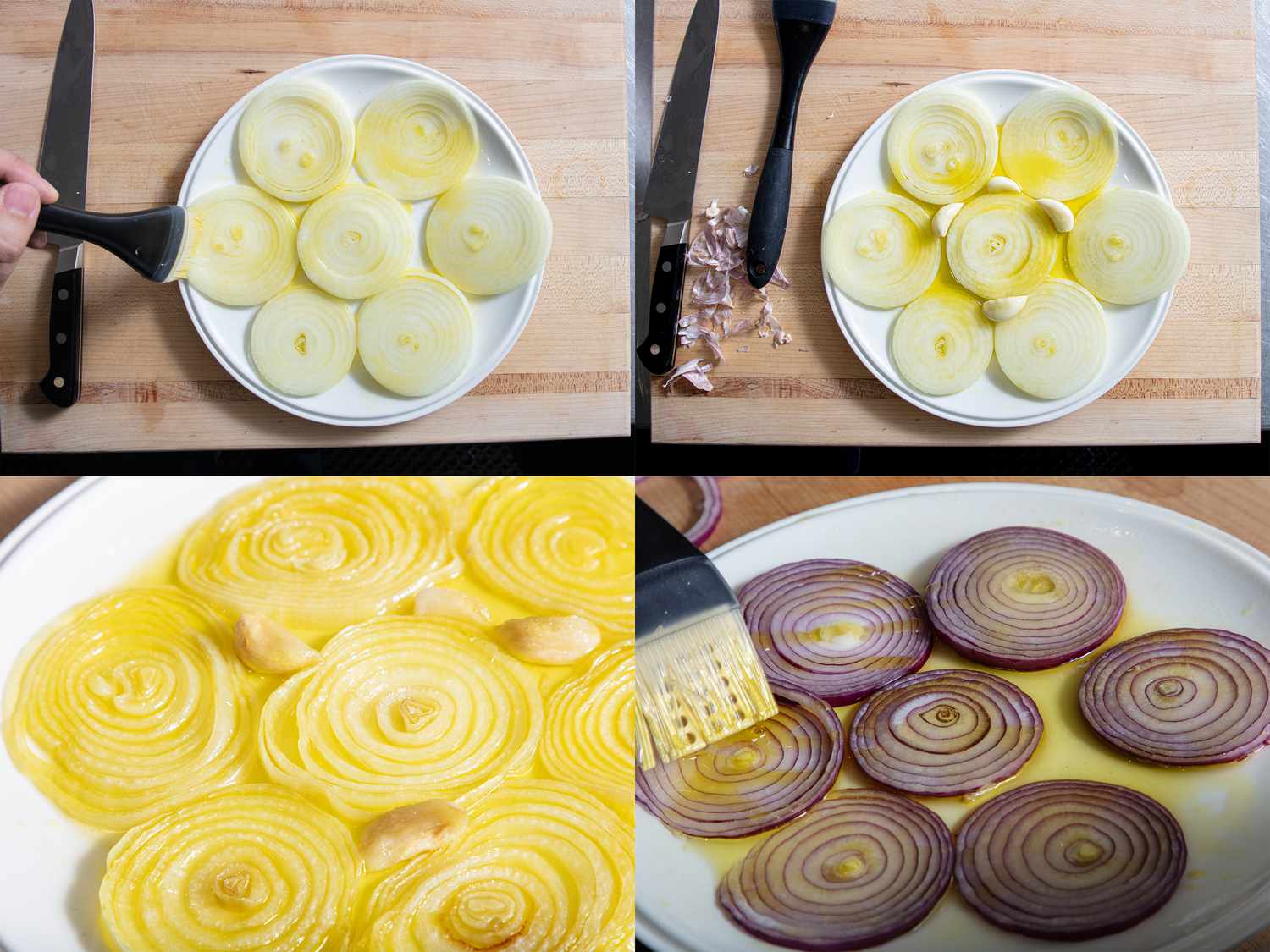 Steps for preparing onion tart, showing sliced onions being arranged, brushed with butter, and caramelized