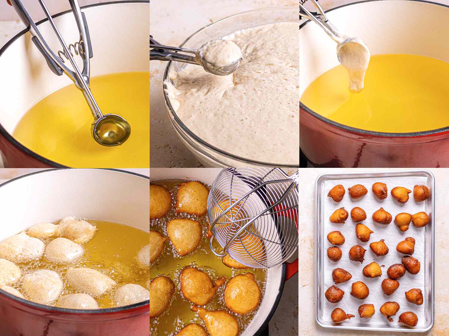 6 Image Collage. Top Row from Left: dipping scoop into hot oil; scooping batter with oiled scoop; dropping batter into hot oil. Bottom row from left: puff puff frying in hot oil; puff puff being scooped out of oil with metal spider; puff puff resting on a paper towel lined tray.