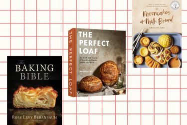 Three cookbooks on a grid background.