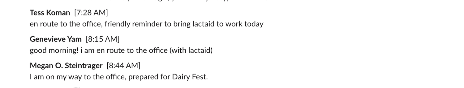 Slack conversation about cottage cheese between coworkers.