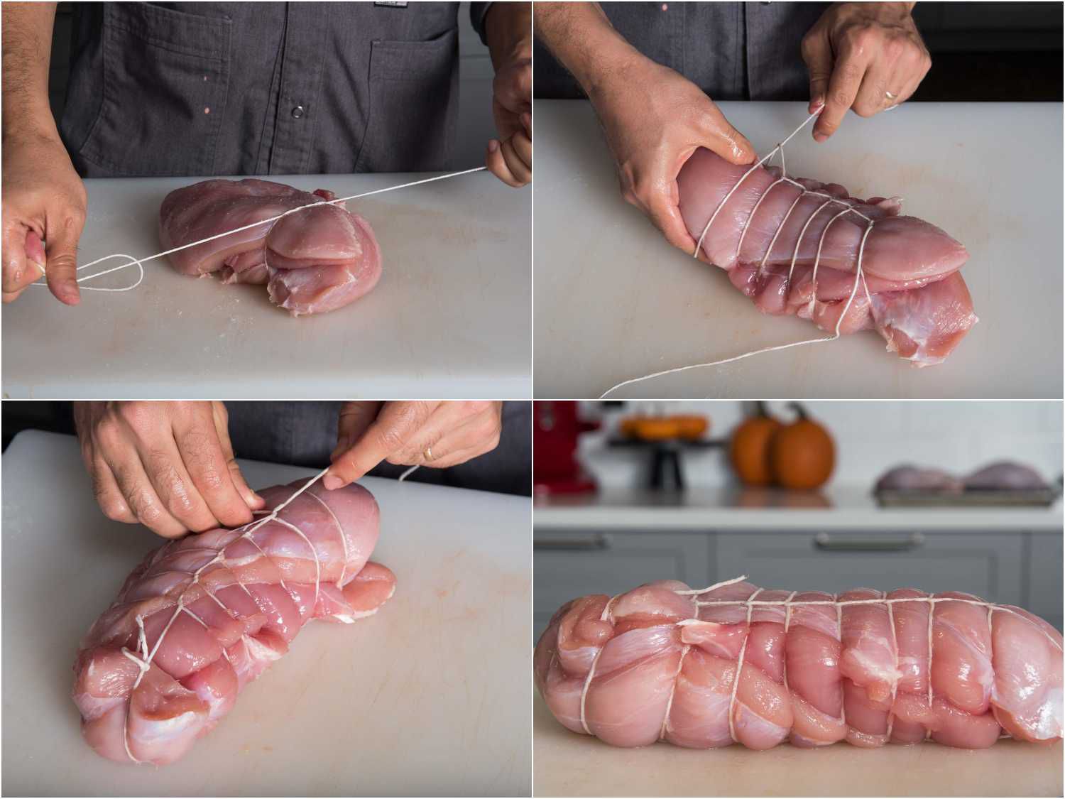 Photo collage showing tying up two turkey breast halves with butchers twine.