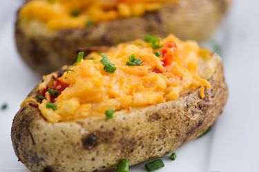 Closeup of a pimento cheese twice baked potato.