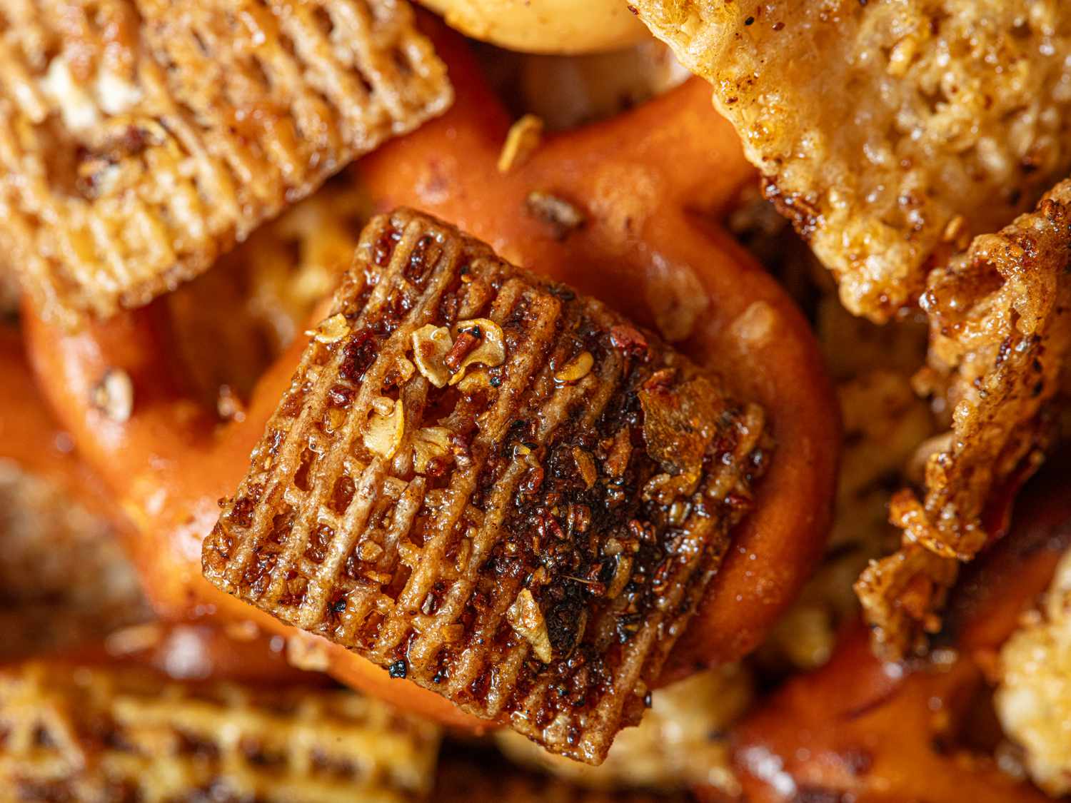 Overhead view of Mala Spiced Chex Mix