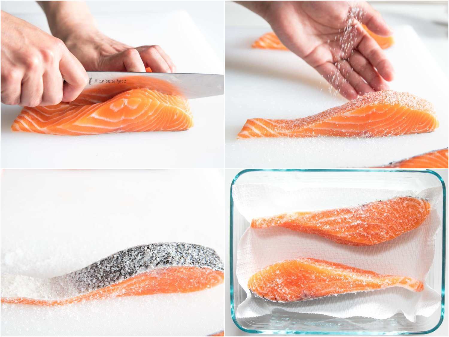 A four-image collage: cutting salmon into fillets, adding salt, salt-crusted fillet of salmon, 2 salted fillets resting on paper towels in a glass dish