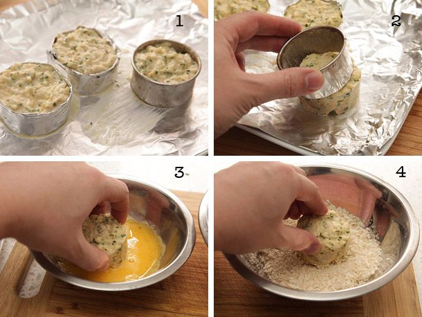 A collage of crab cakes formed in ring molds (top left), removed from ring molds (top right), dipped into an egg-mayonnaise mixture (bottom left), and then dipped in breadcrumbs (bottom right). 