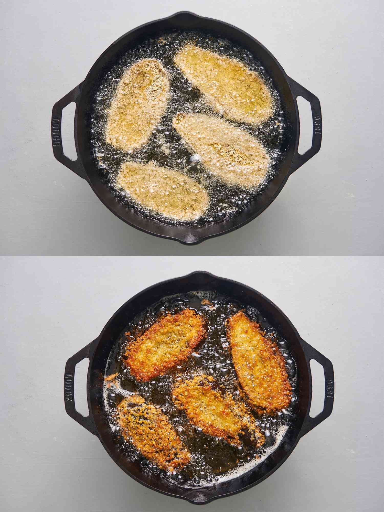 eggplant slices cooking inside a cast iron skillet 