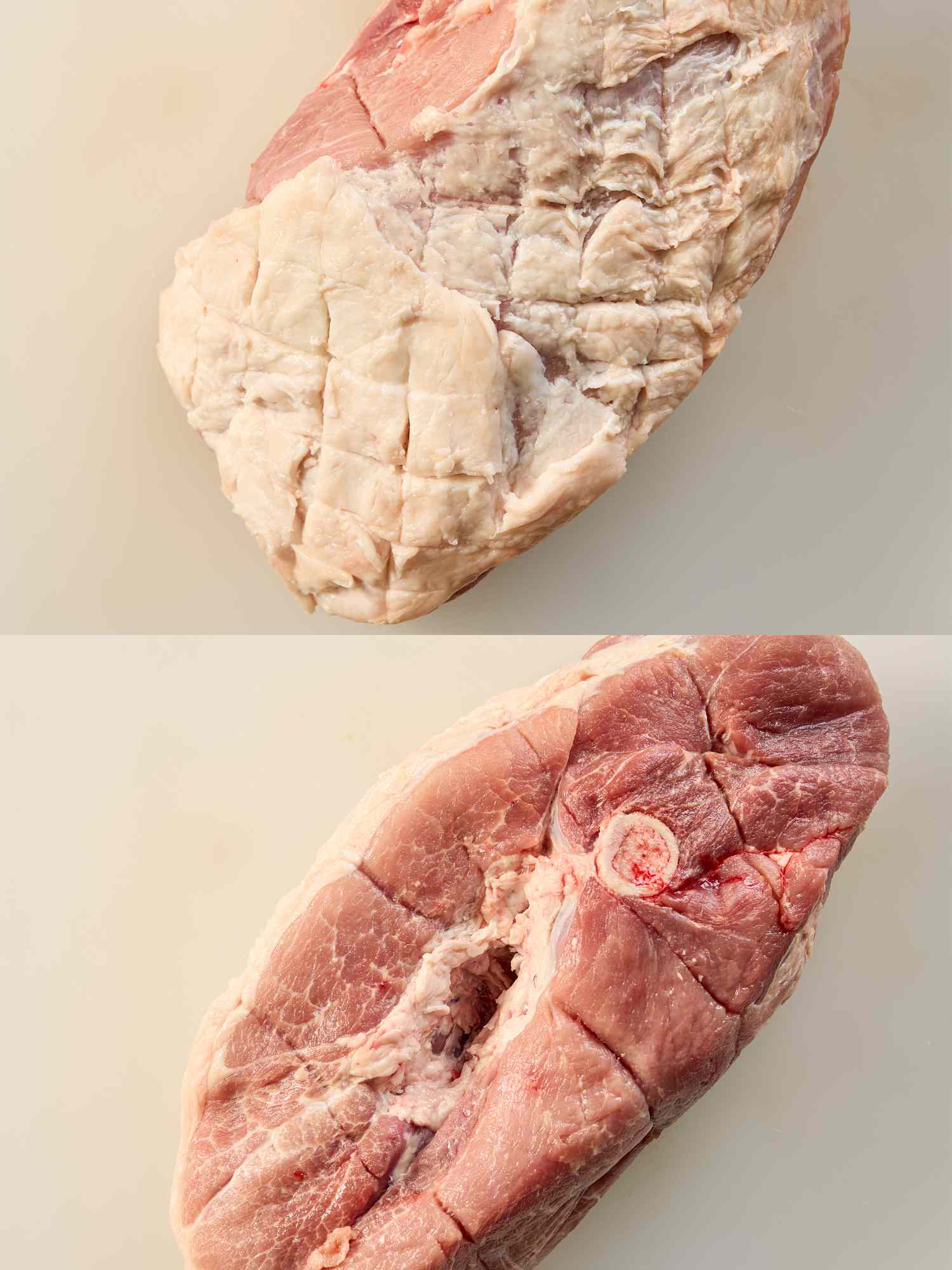 Two cuts of a fresh ham prepared for slow roasting shown