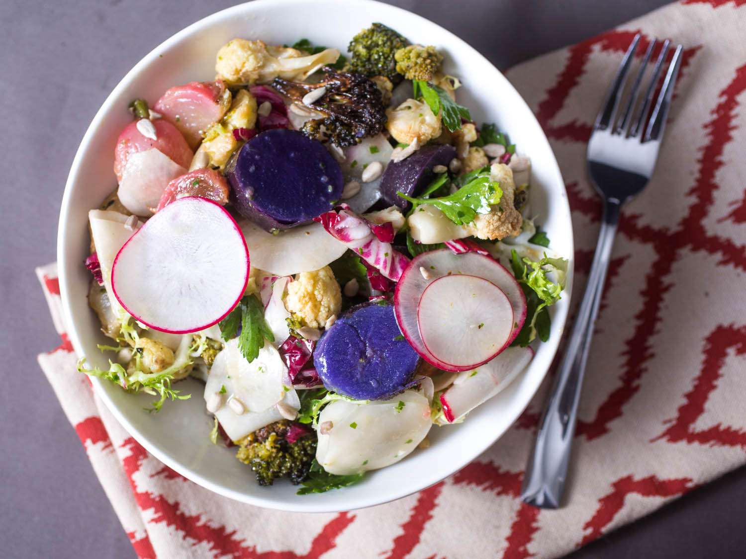 Overhead shot of a bowl of brassica salad
