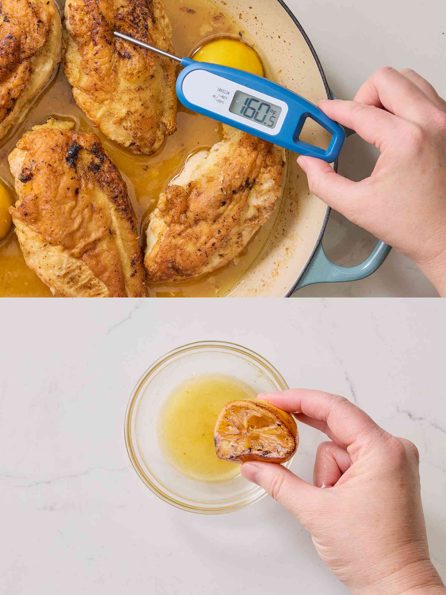 2 image collage. Top: Thermometer reading temperature of chicken at 160 dregrees. Bottom: Squeezing lemon juice into small bowl